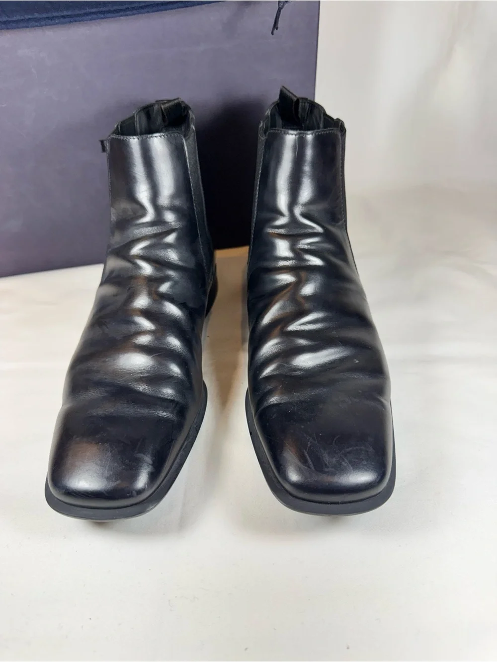Prada Men’s Black Spazzolato Lather Square Toe Chelsea Boots 9 Italy Winter